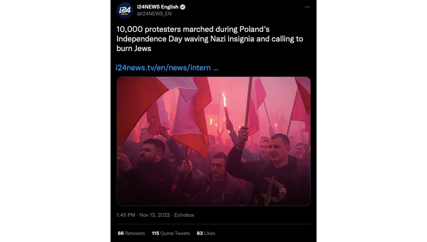 Israeli news channel spreads fake news on Polish Independence March in Warsaw