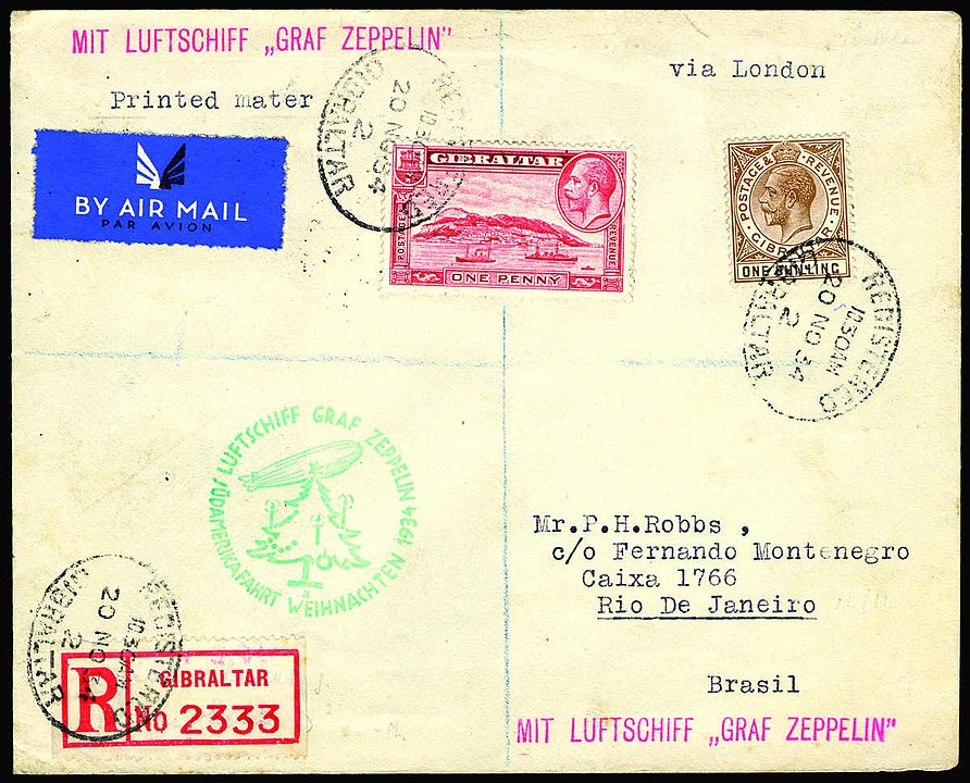 Zeppelin mail from Gibraltar to Rio de Janeiro, Brazil via Berlin on the Christmas flight (12th South American flight) of 1934