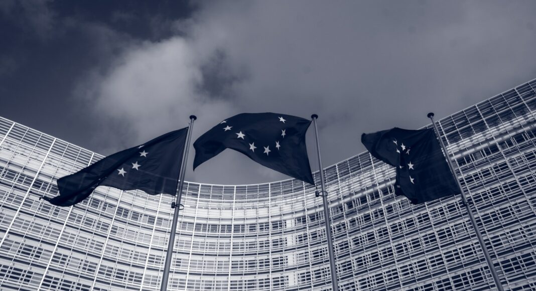 Flags of the European Union in front of the EU-commission building 