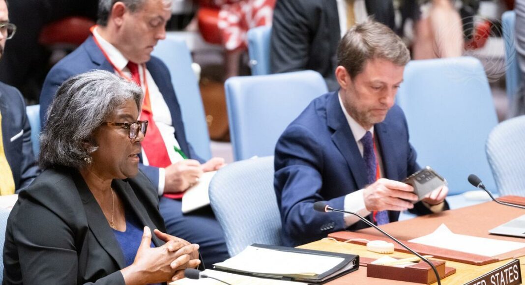 Linda Thomas-Greenfield, Permanent Representative of the United States to the United Nations, addresses the Security Council meeting on maintenance of peace and security of Ukraine.